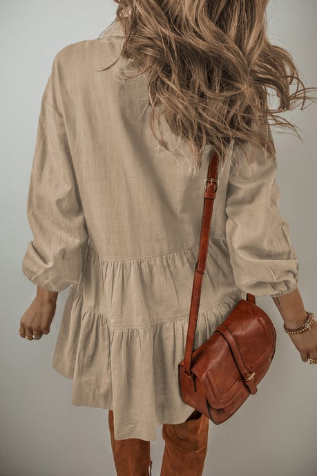 Tan Puff Sleeve Knopjes Gerimpelde Tiered Shirt Mini Jurk - Image 3
