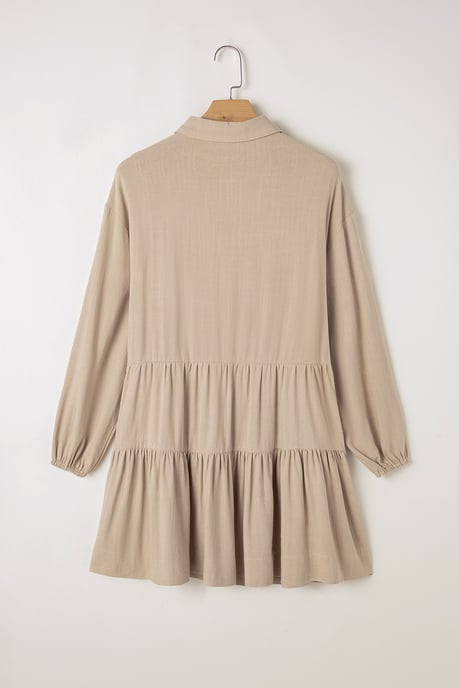 Tan Puff Sleeve Knopjes Gerimpelde Tiered Shirt Mini Jurk - Image 5