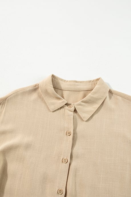 Tan Puff Sleeve Knopjes Gerimpelde Tiered Shirt Mini Jurk - Image 6