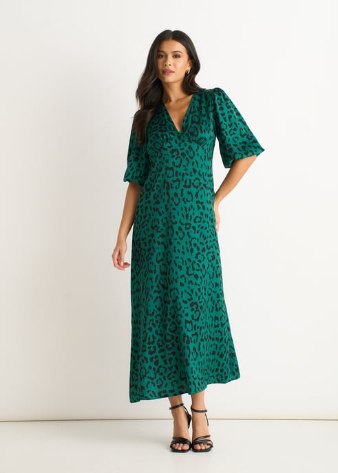 Groene midi-jurk van satijn met dierenprint - Image 1