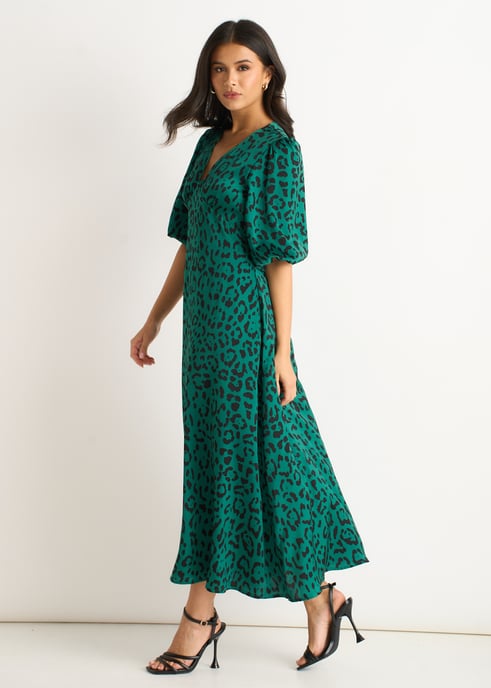 Groene midi-jurk van satijn met dierenprint - Image 3