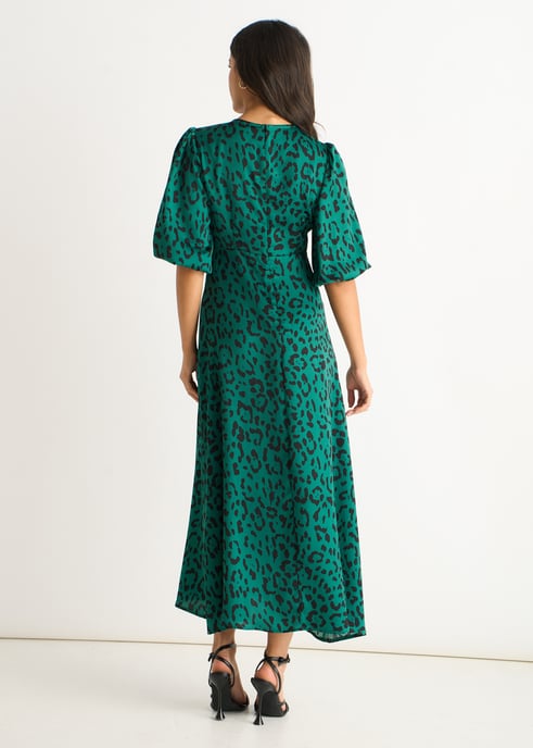 Groene midi-jurk van satijn met dierenprint - Image 4