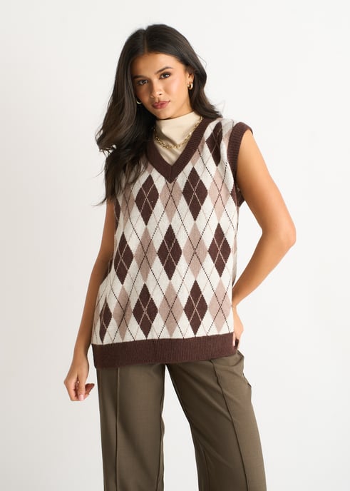 Chocoladebruine Argyle gebreide vesttrui - Image 1