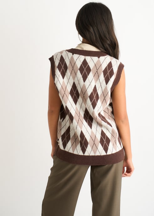 Chocoladebruine Argyle gebreide vesttrui - Image 4