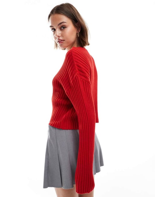ASOS DESIGN rundhalsad knapplång kofta i bomullsblandning i röd - Image 3