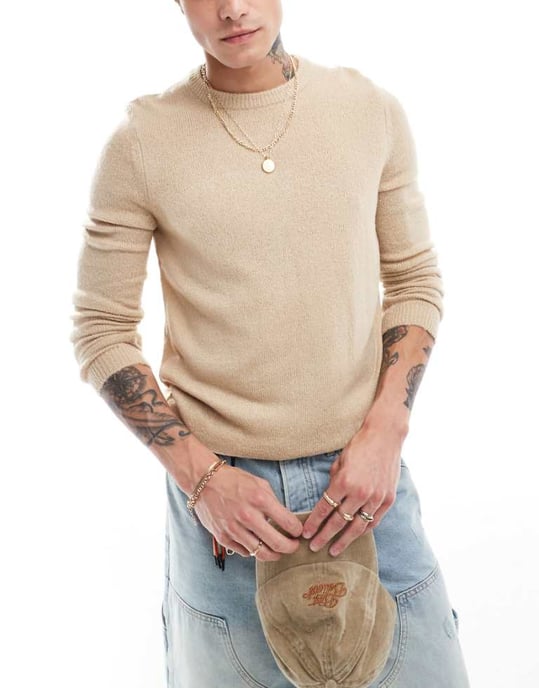 ASOS DESIGN lätt borstad stickad tröja i havre - Image 1