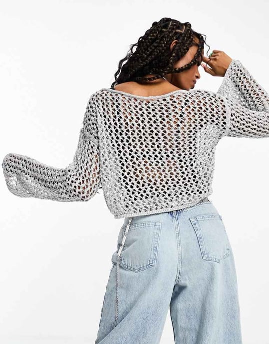 ASOS DESIGN metallisk öppen stickad topp med änglavingar i silver - Image 4