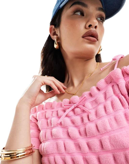 ASOS DESIGN stickad skjord bardot-top med knytrem och rosett detaljer i rosa - Image 3