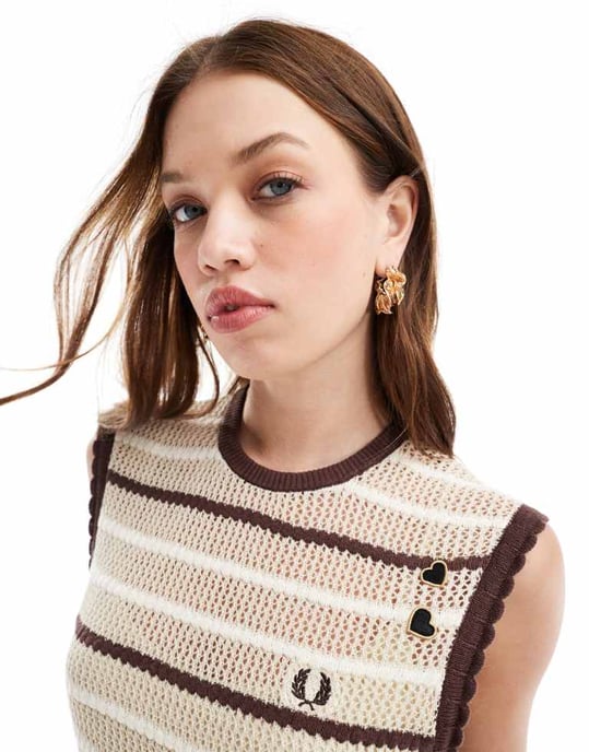 Fred Perry randig virkad klänning i beige - Image 3