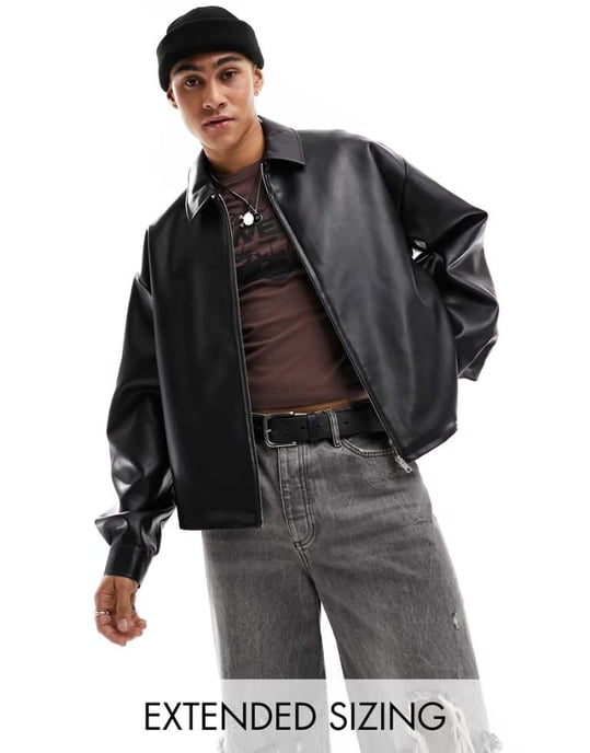ASOS DESIGN oversized kort faux läder harringtonjacka i svart - Image 1
