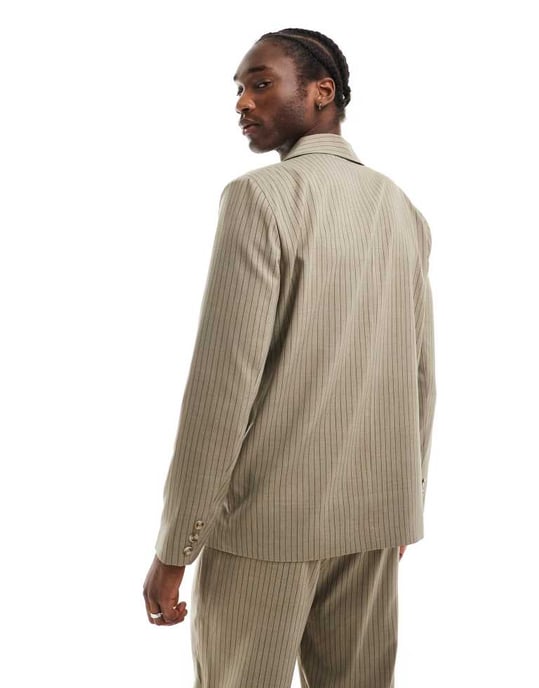 Återvunnen vintage kavaj i beige randig co-ord - Image 3