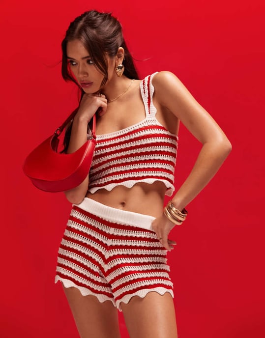 ASOS DESIGN virkade shorts i röd randig set - Image 1