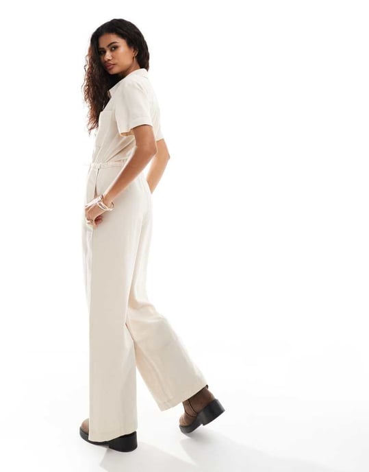 återvunnen vintage linjumpsuit med dragsko i neutral färg - Image 2