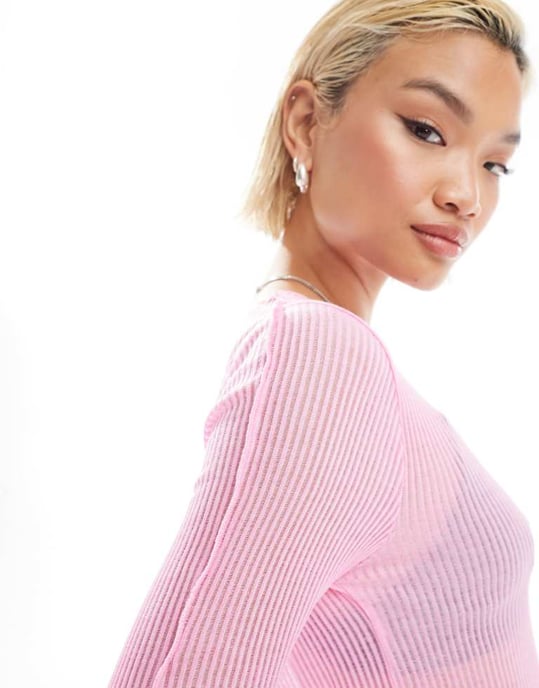 ENDAST långärmad topp med grönsakskant i genomskinligt rosa - Image 3