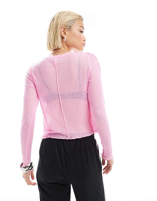 ENDAST långärmad topp med grönsakskant i genomskinligt rosa - Image 4