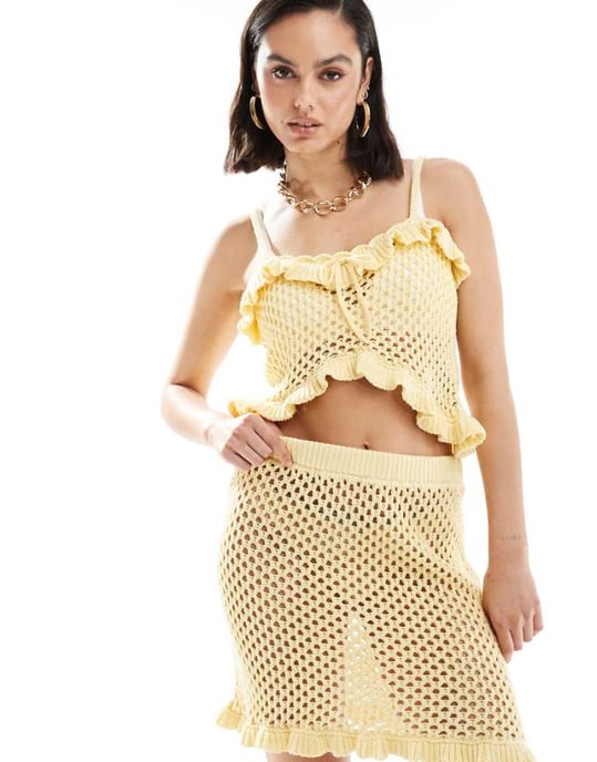 ASOS DESIGN virkad crochettopp med volang och knytdetalj i citron - Image 1