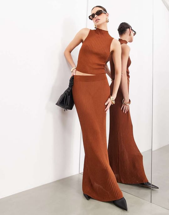 ASOS EDITION finstickad genomskinlig maxikjol set i rost - Image 1