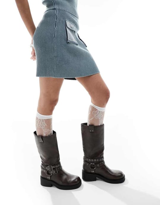Återvunnen vintage stickad kjol i acid wash-set i blått - Image 3