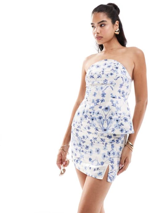 ASOS DESIGN satäng mini kjol co-ord i blommönster - Image 1