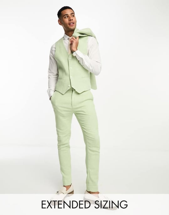 ASOS DESIGN bröllop super skinny ullblandning hundtandsmönstrad väst i salviagrön - Image 1