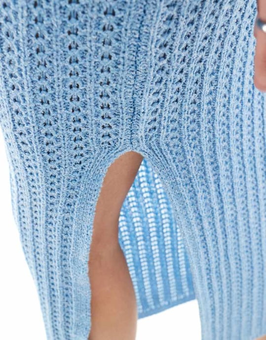 ASOS DESIGN Lång stickad midikjol i öppen stickning i blått - Image 3