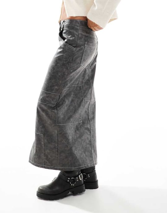 ASOS DESIGN läderlook västern midi kjol med kontrastsöm i tvättad grå - Image 4