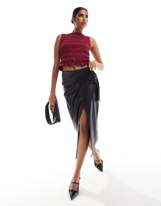 Miss Selfridge fusk läder midi kjol med omslagsdetalj - Image 1