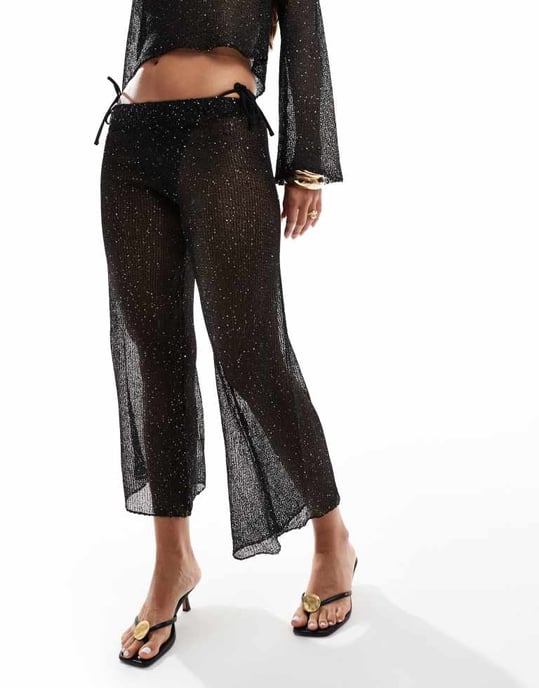 In The Style x Perrie Sian paljetter virkad vida strandbyxor set i svart - Image 3