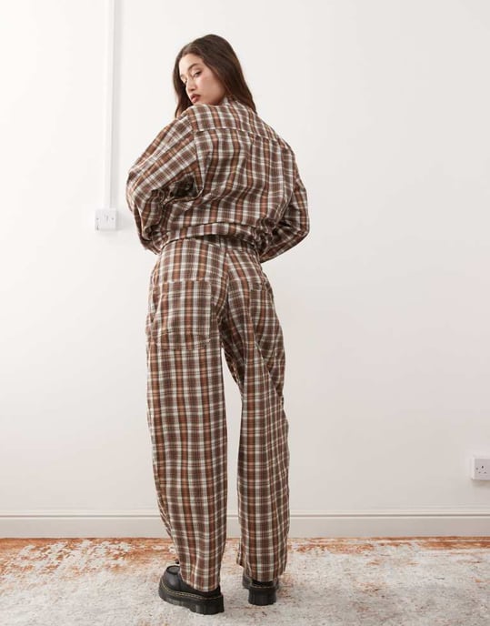 Återvunnet vintage unisex rutigt mönster byxor med tunn benkoord - Image 2
