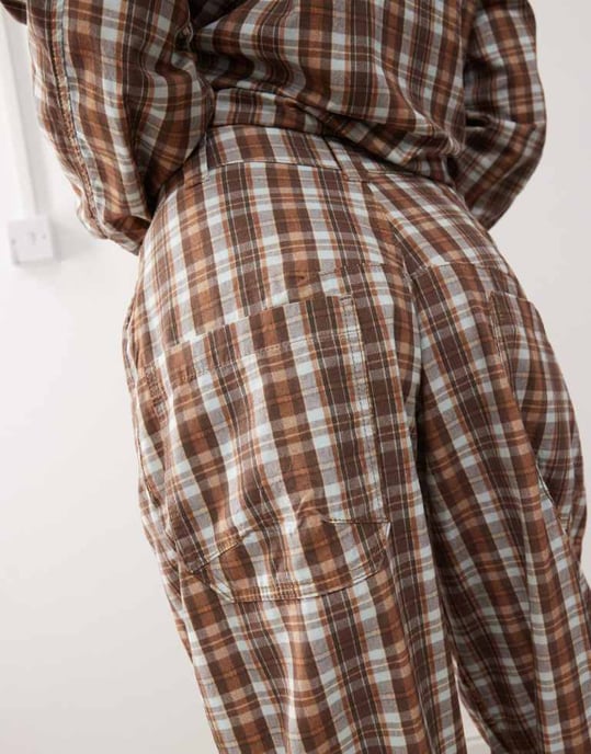 Återvunnet vintage unisex rutigt mönster byxor med tunn benkoord - Image 3