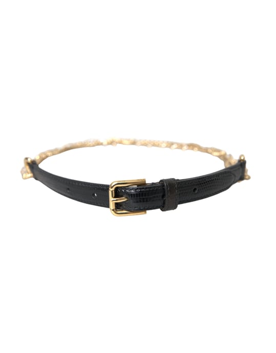 Dolce & Gabbana Zwarte Leren Gouden Ketting Kristallen Taille Damesriem - Image 1