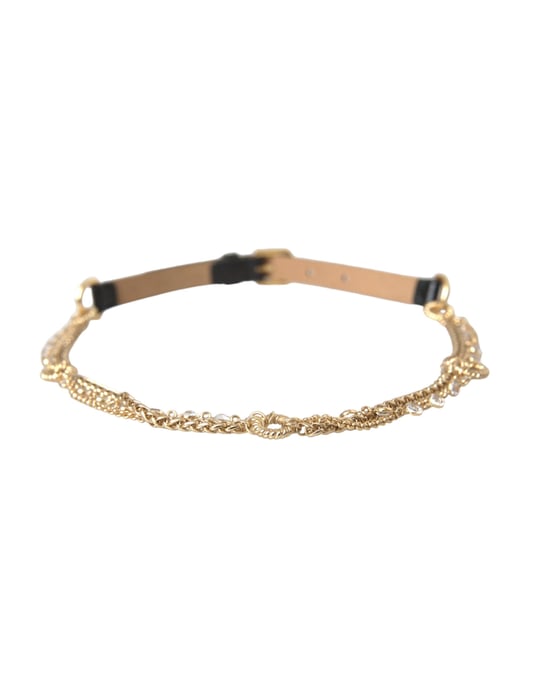 Dolce & Gabbana Zwarte Leren Gouden Ketting Kristallen Taille Damesriem - Image 2
