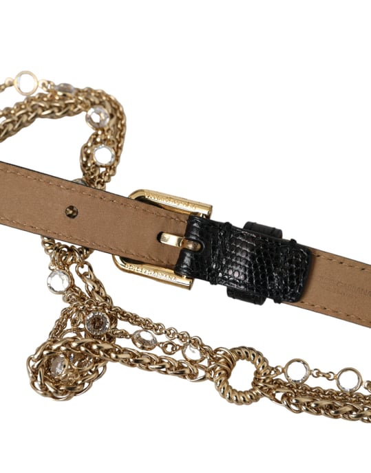 Dolce & Gabbana Zwarte Leren Gouden Ketting Kristallen Taille Damesriem - Image 4