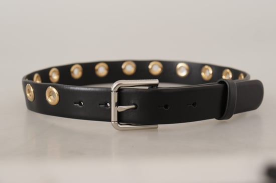 Dolce & Gabbana Zwarte Leren Ooglet Metalen Gesp in Zilver Tint Riem - Image 3