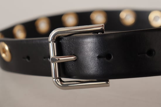 Dolce & Gabbana Zwarte Leren Ooglet Metalen Gesp in Zilver Tint Riem - Image 4