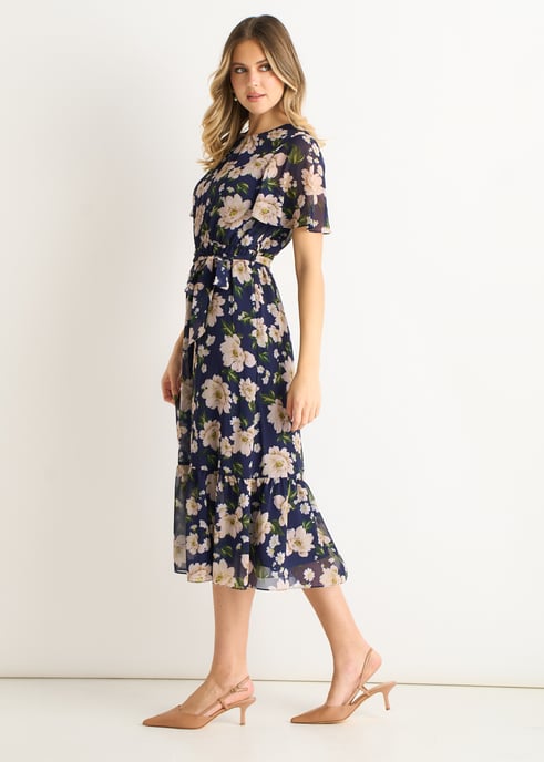 Marineblauwe midi-jurk met bloemenprint en uitlopende rok - Image 3