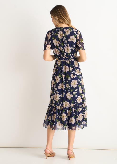 Marineblauwe midi-jurk met bloemenprint en uitlopende rok - Image 4