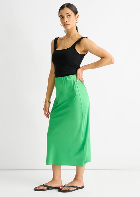 Groene satijnen midi-rok met hoge taille - Image 3