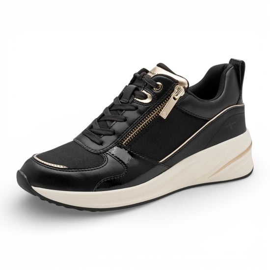 Tamaris dames hardloopschoenen met platformzool, zwart en goudkleurig, met ritssluiting en vetersluiting. - Image 3