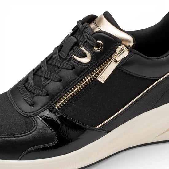 Tamaris dames hardloopschoenen met platformzool, zwart en goudkleurig, met ritssluiting en vetersluiting. - Image 5