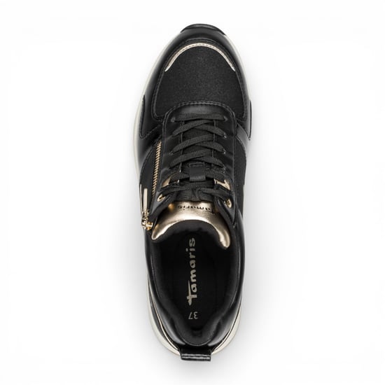 Tamaris dames hardloopschoenen met platformzool, zwart en goudkleurig, met ritssluiting en vetersluiting. - Image 6