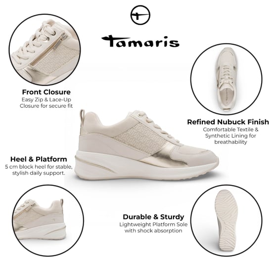 Tamaris dames witte en gouden platform sneakers met ritssluiting en vetersluiting. - Image 2