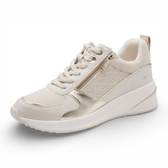 Tamaris dames witte en gouden platform sneakers met ritssluiting en vetersluiting. - Image 3