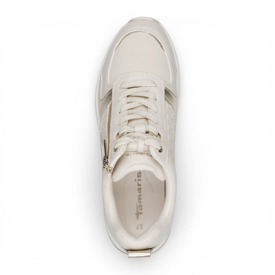 Tamaris dames witte en gouden platform sneakers met ritssluiting en vetersluiting. - Image 6