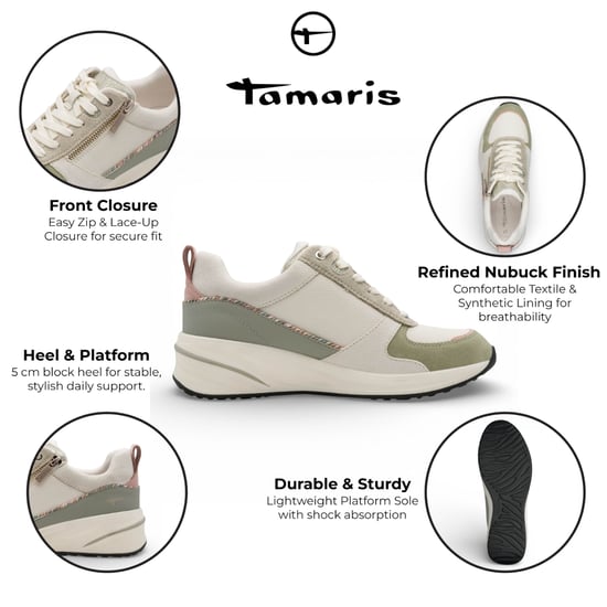 Tamaris dames witte en groene platform sneakers met ritssluiting en vetersluiting. - Image 2