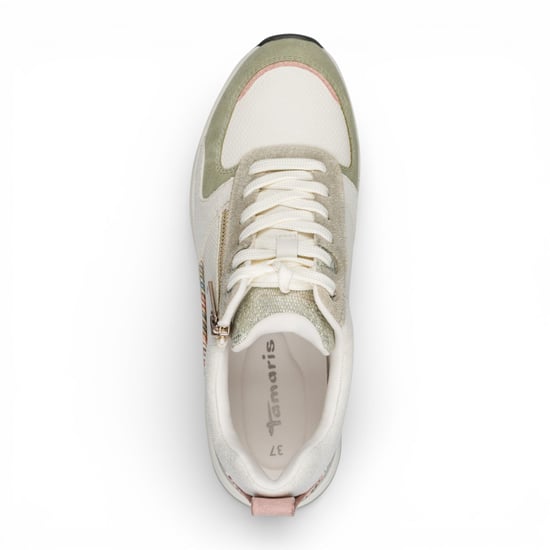 Tamaris dames witte en groene platform sneakers met ritssluiting en vetersluiting. - Image 6