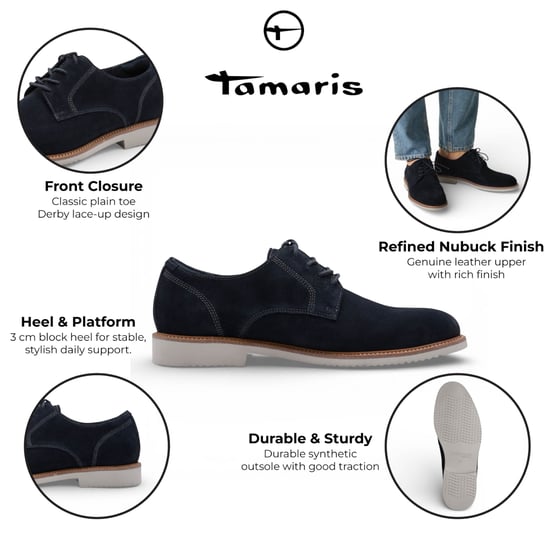 Tamaris herenschoenen van marineblauw suède leer met gladde neus, elegante derbyschoenen - Image 2