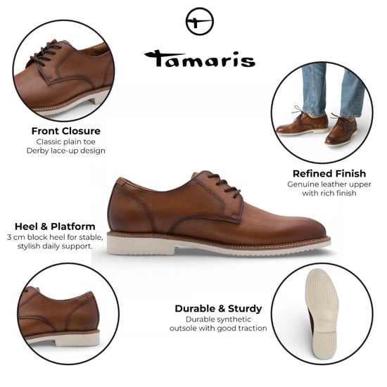 Tamaris herenschoenen van cognacbruin leer met gladde neus, elegante derbyschoenen - Image 2