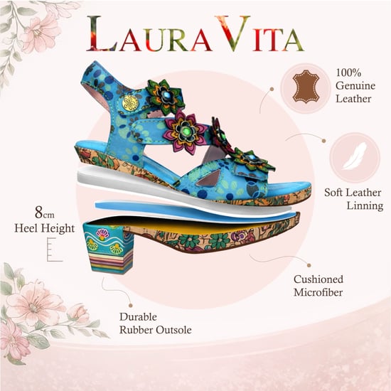 Laura Vita Nellao 33 damessandalen met sleehak, blauw met bloemenprint, van leer. - Image 2