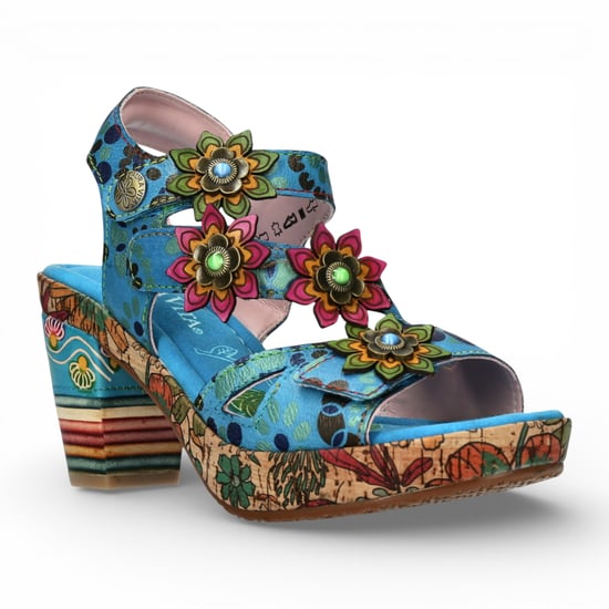 Laura Vita Nellao 33 damessandalen met sleehak, blauw met bloemenprint, van leer. - Image 3